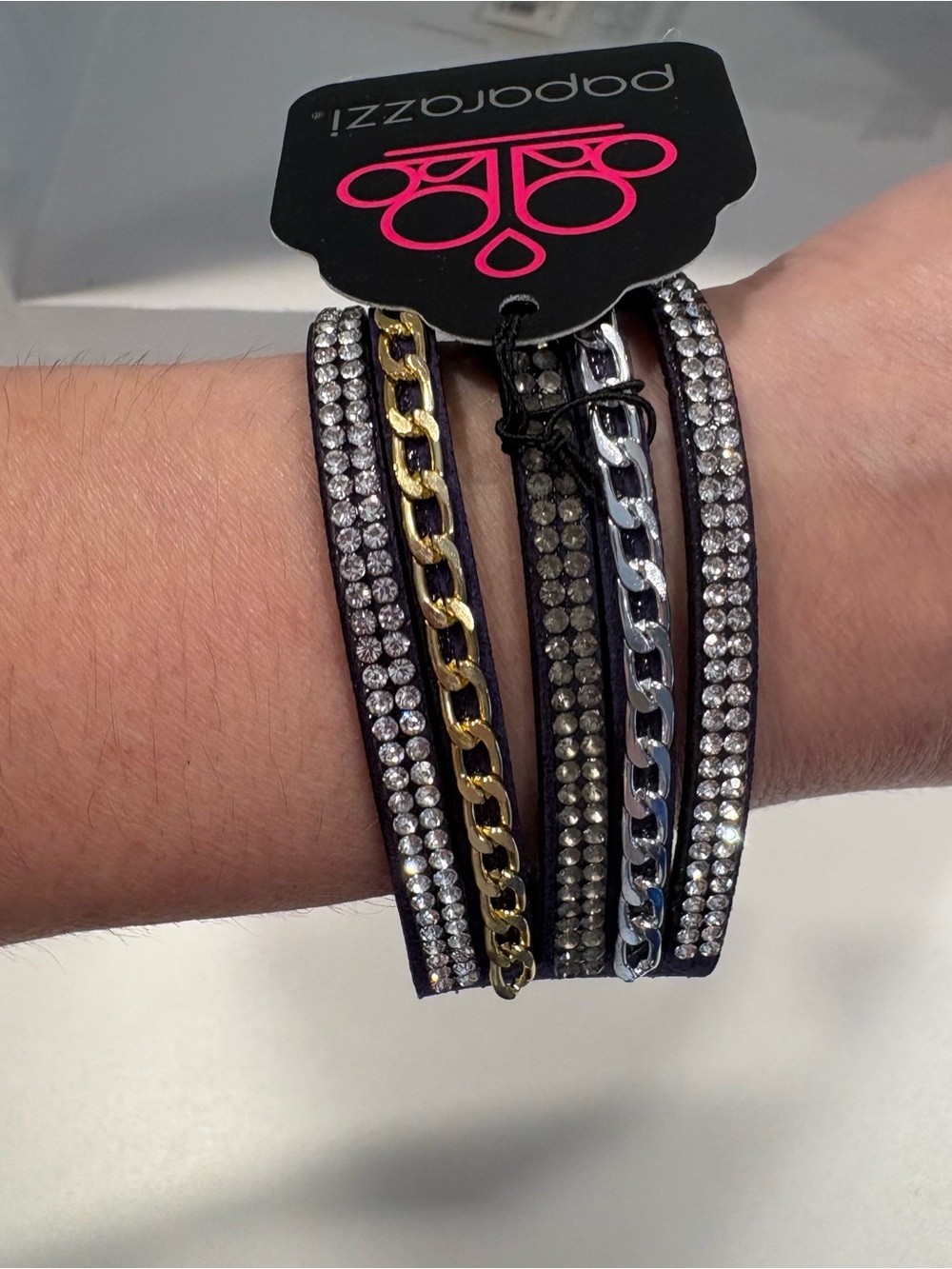 Paparazzi Fashion Fiend Urban Bracelet Suede Rhinestone Silver Gold Chains NWT